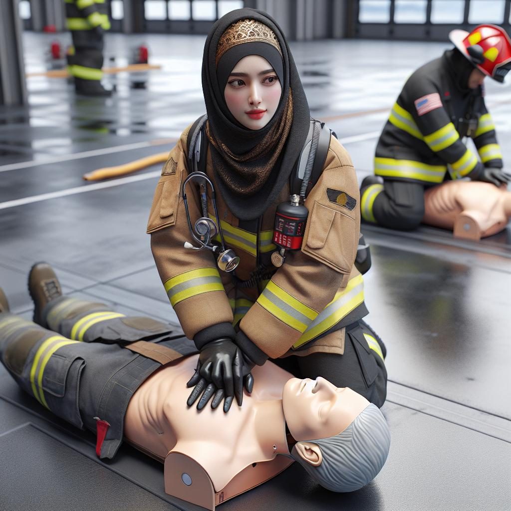 Firefighter demonstrating CPR techniques.