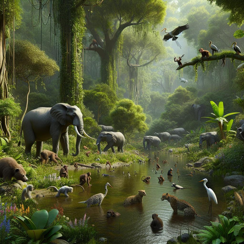 Animals in lush habitat.