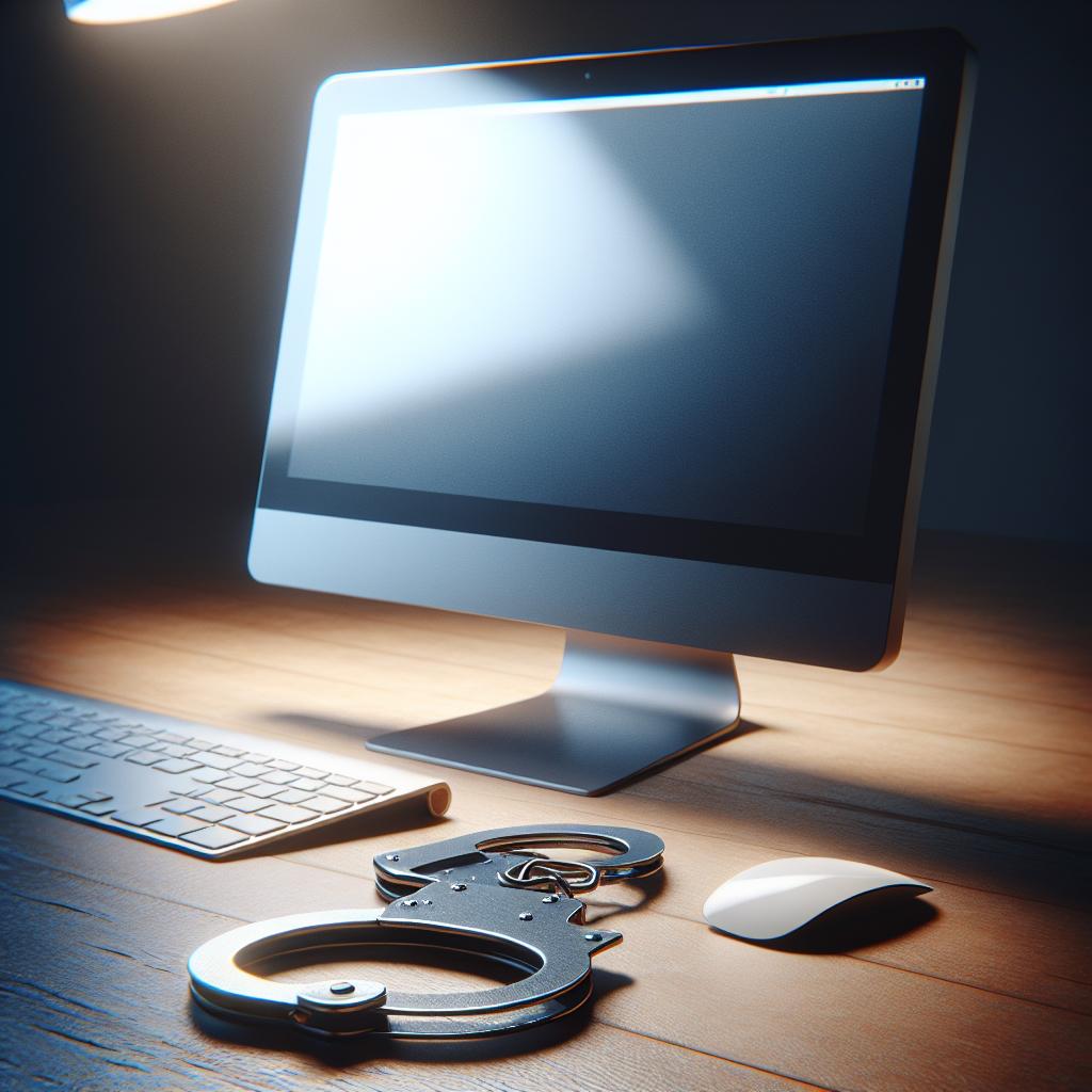 Handcuffs and computer monitor.