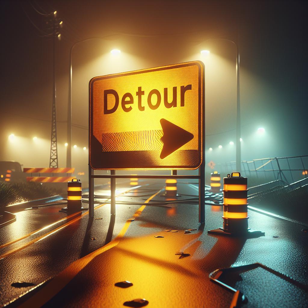 Detour sign at night construction
