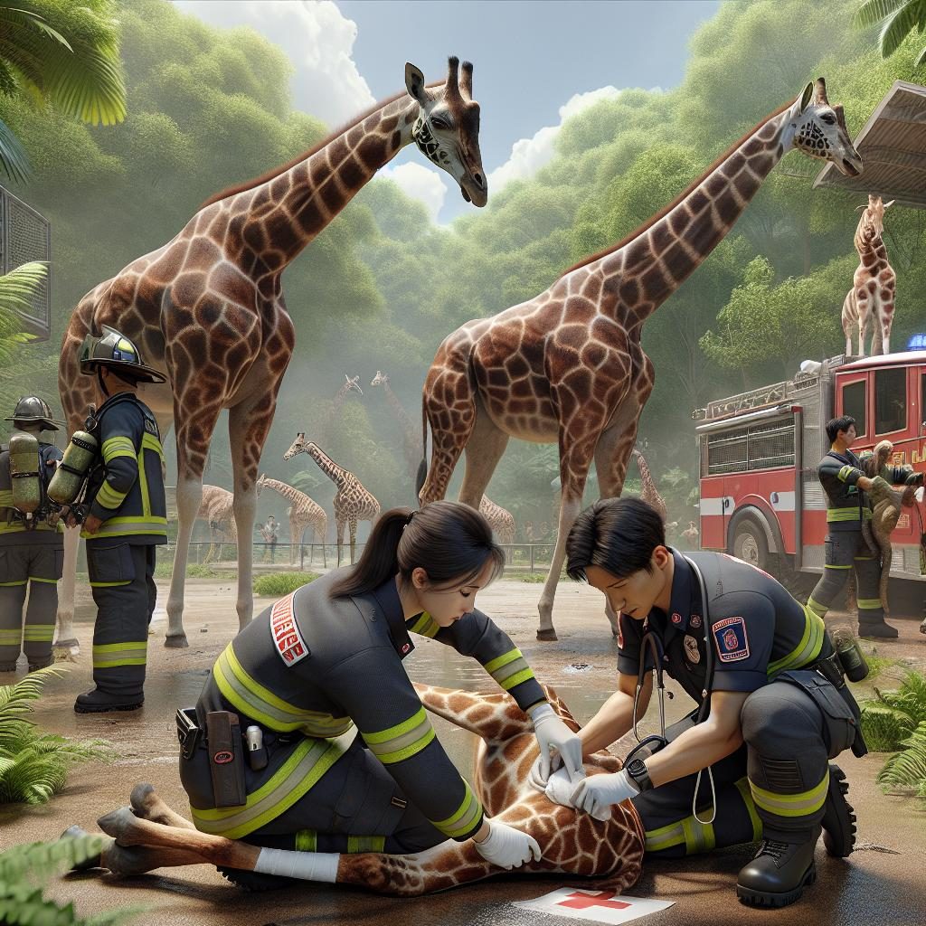 Firefighters treating zoo giraffes