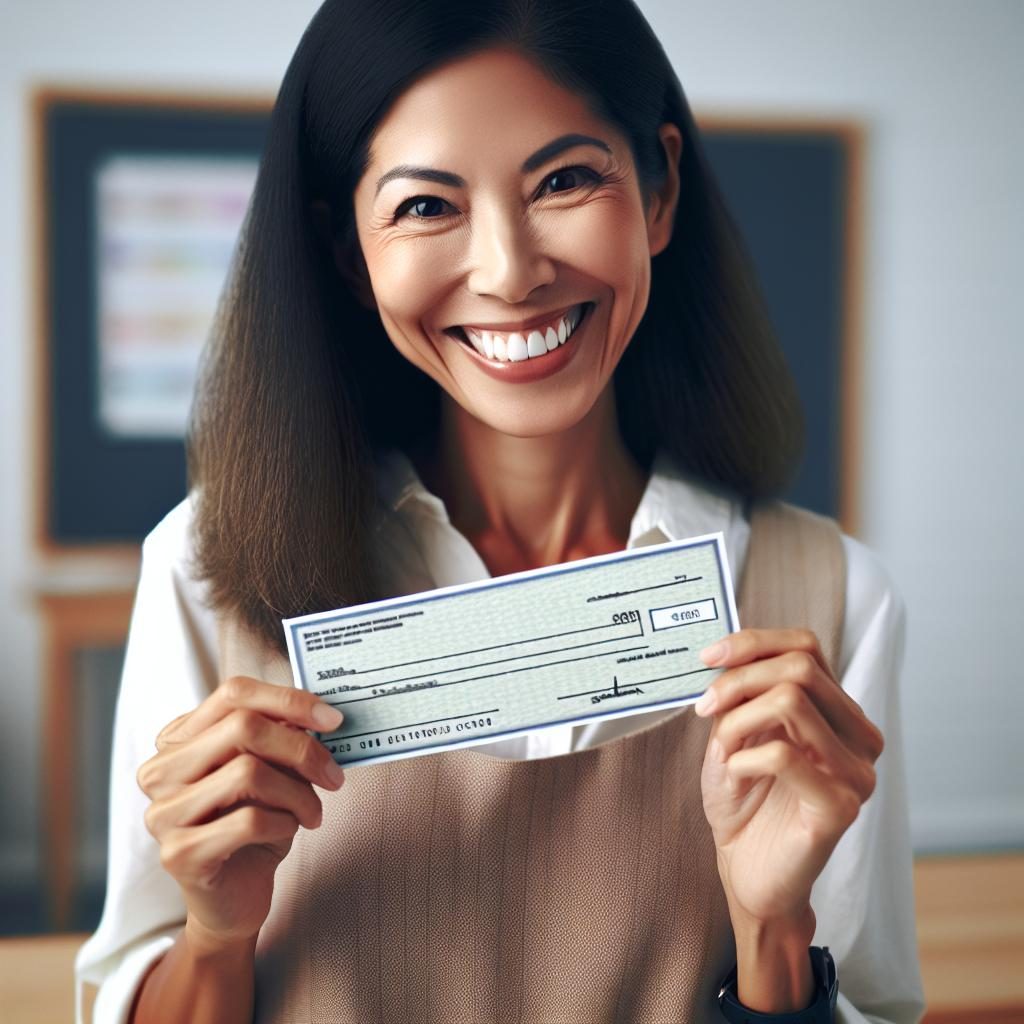 Teacher happily receiving paycheck