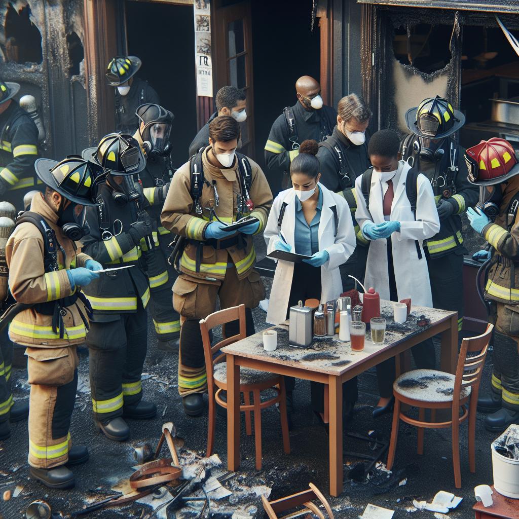 Firefighters inspecting extinguished restaurant fire