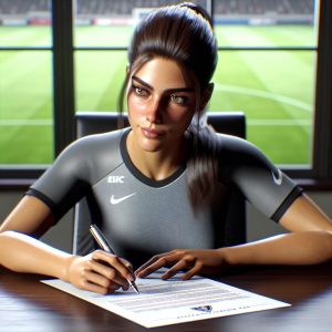 Female soccer player signing contract