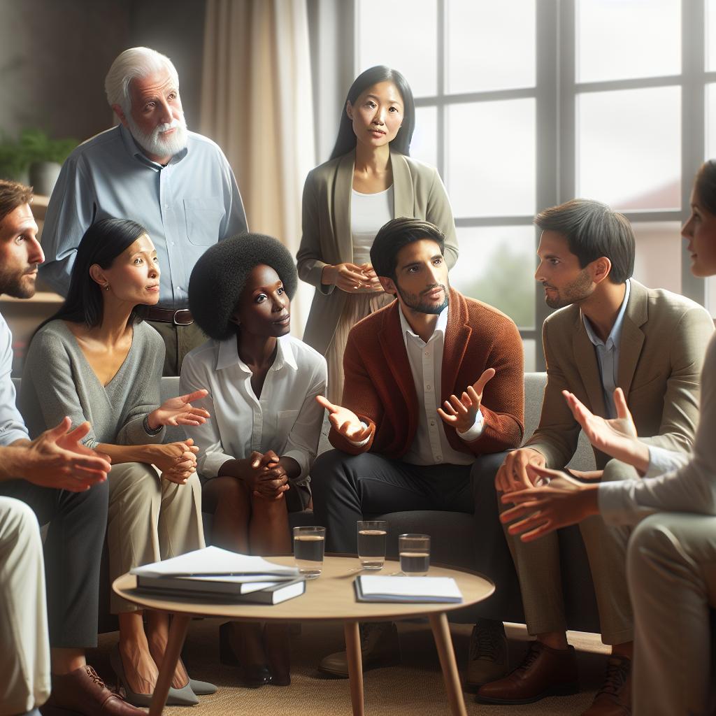 Diverse group discussing politics.