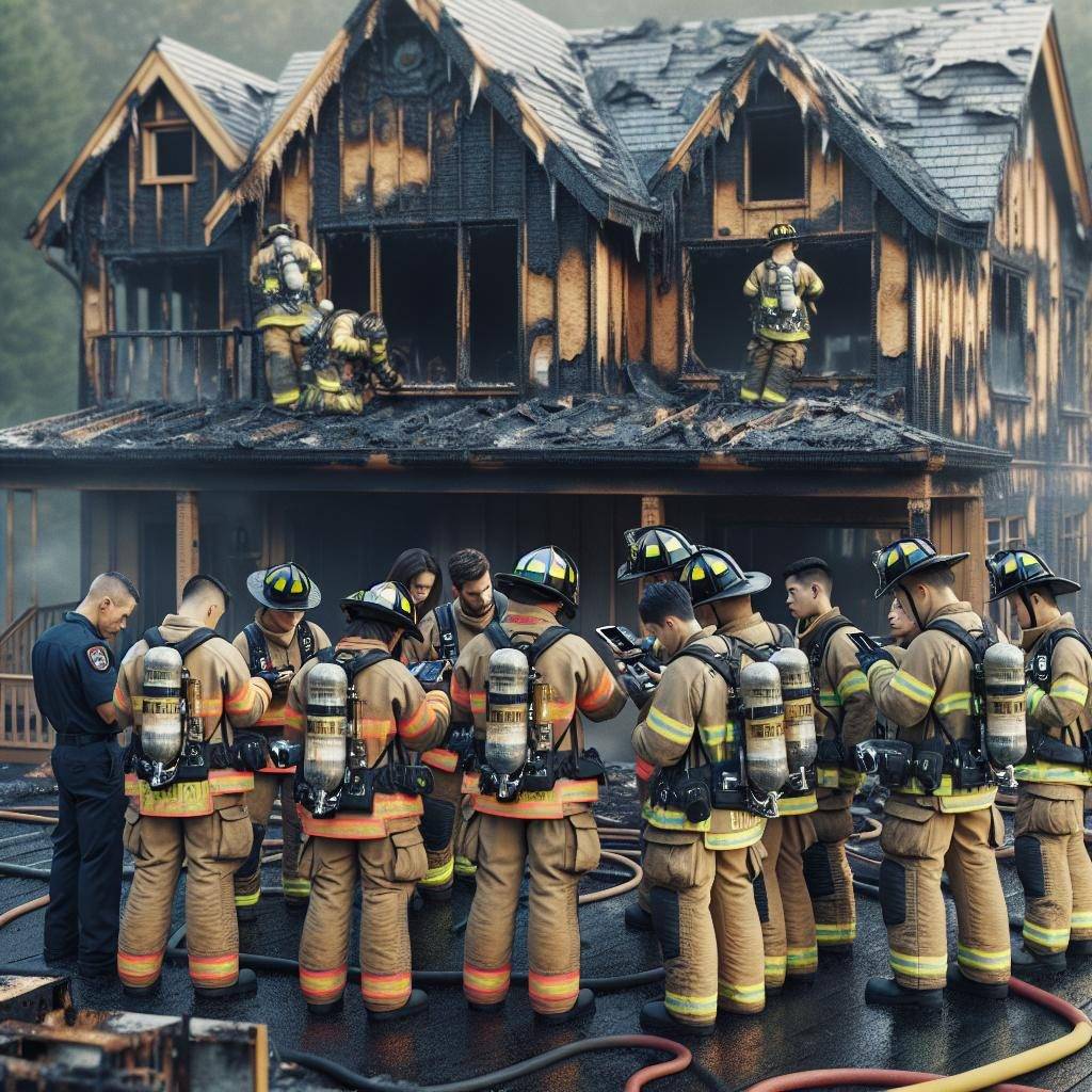 Firefighters examining scorched house