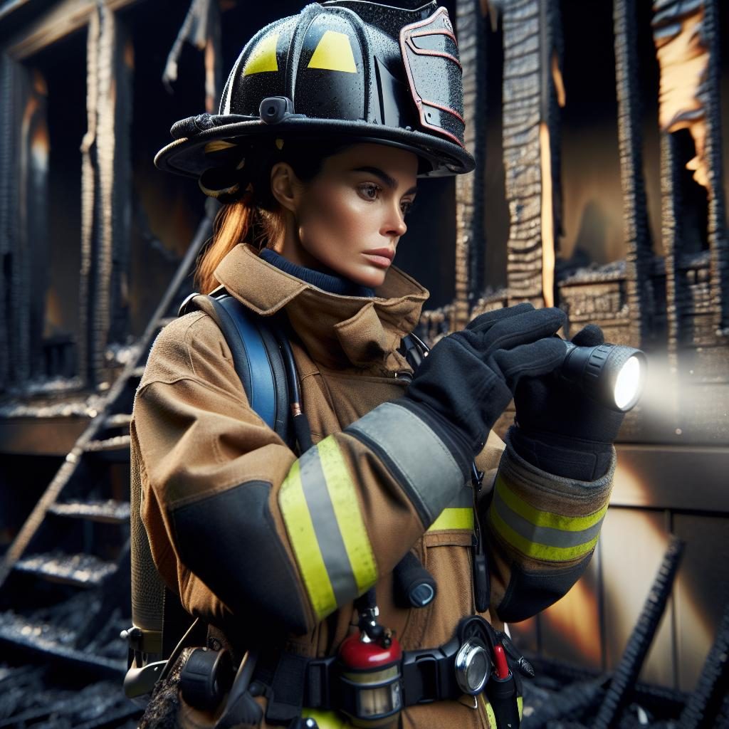 Firefighter examining burnt house