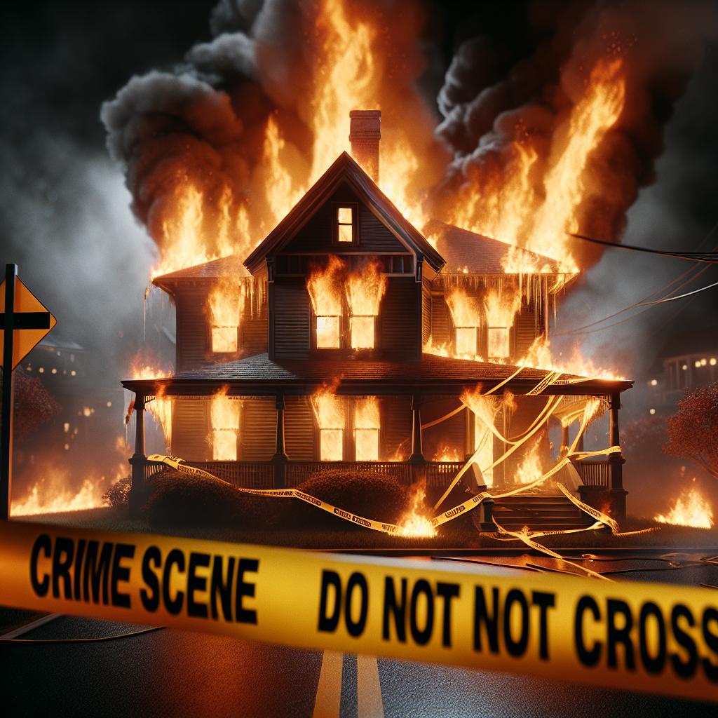 Burning house with crime tape