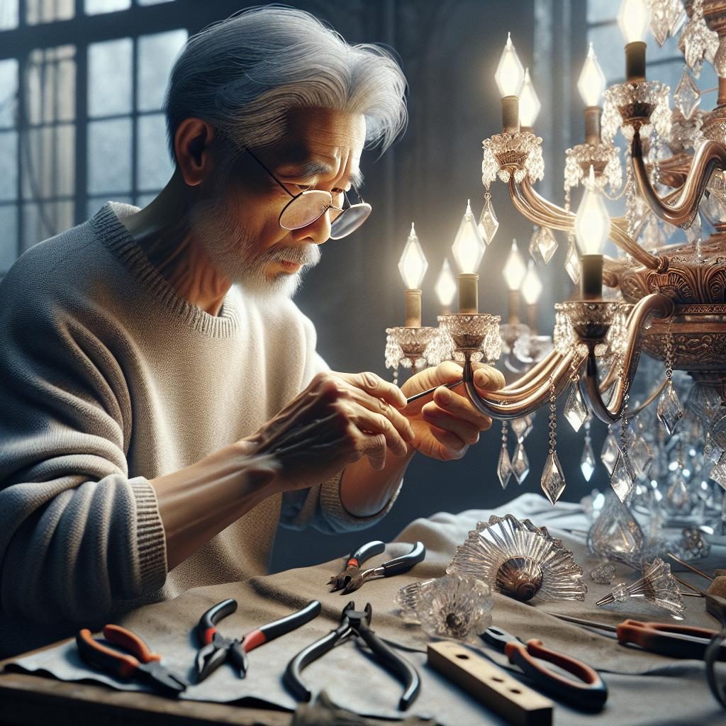 Elderly craftsman fixing chandelier