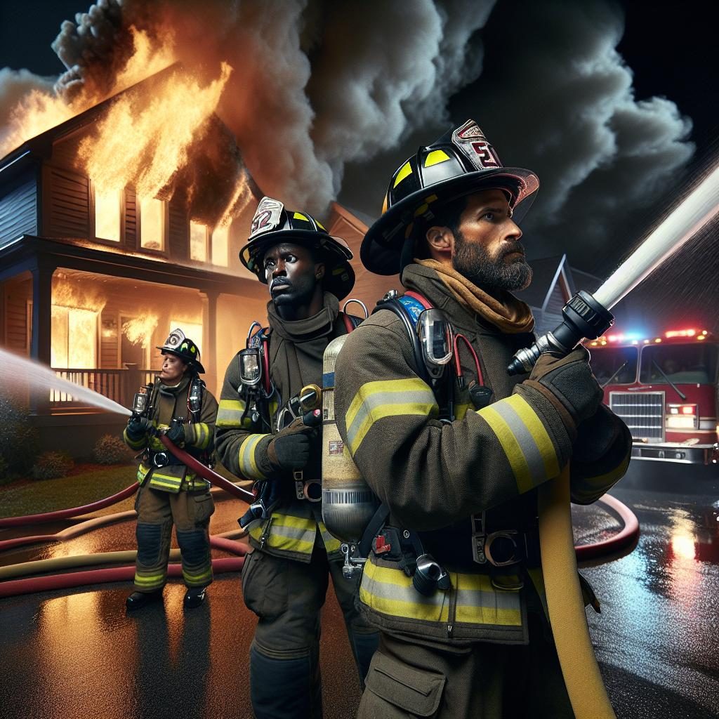 Firefighters extinguishing burning house