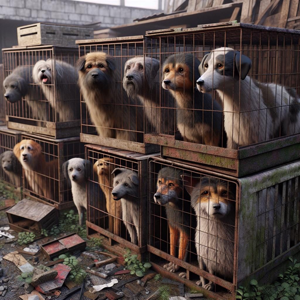 Abandoned dogs in crates