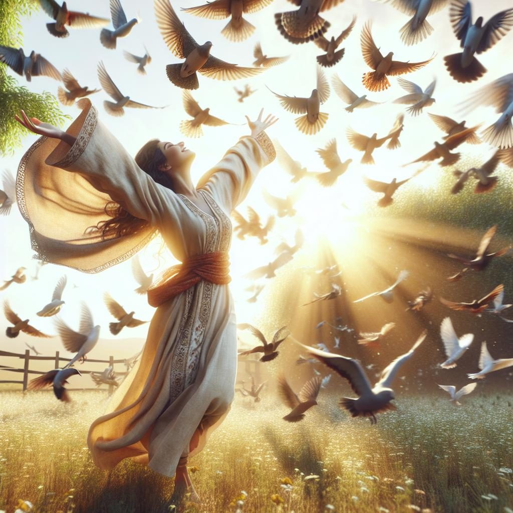 Woman dancing joyfully with birds