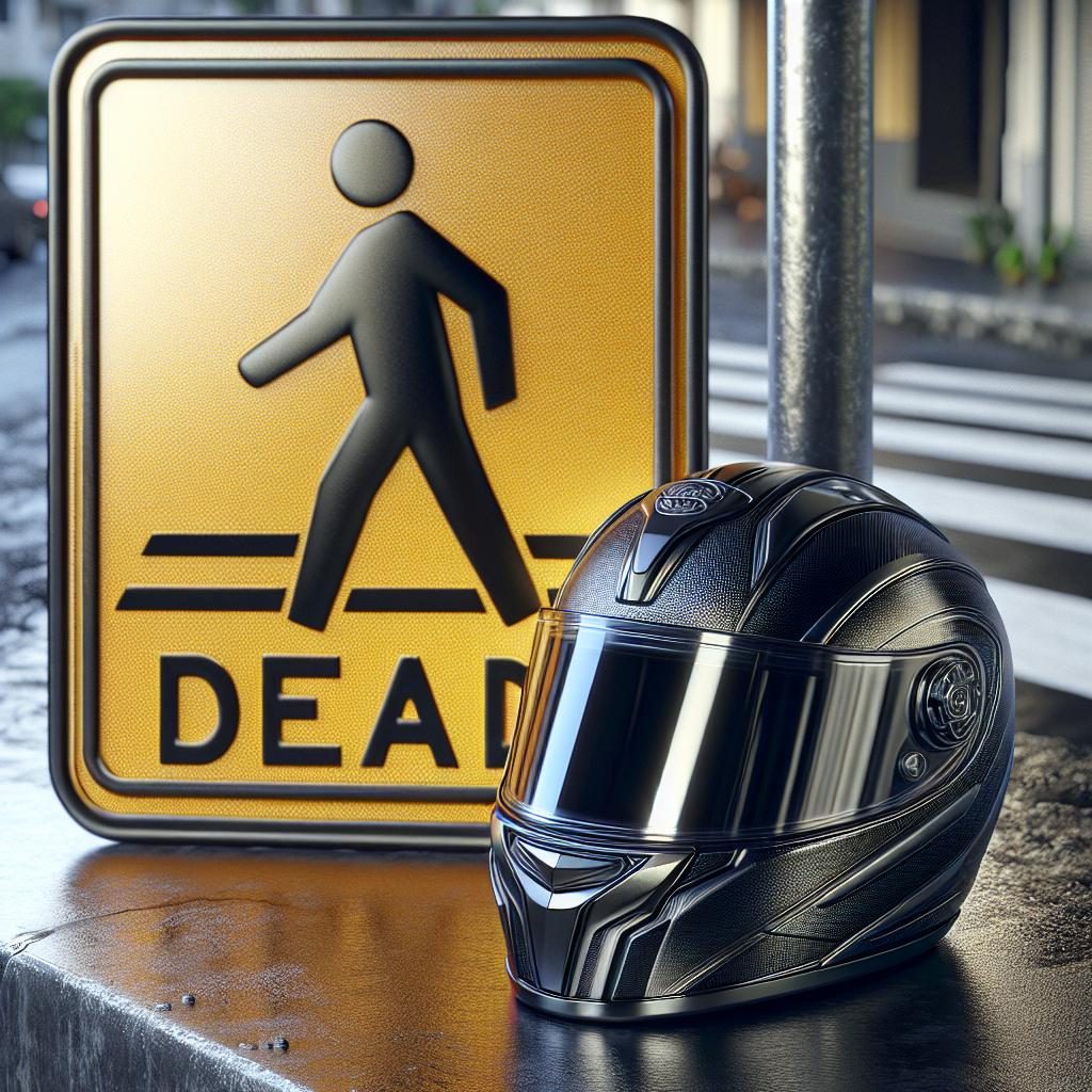 Motorcycle helmet and pedestrian crossing sign