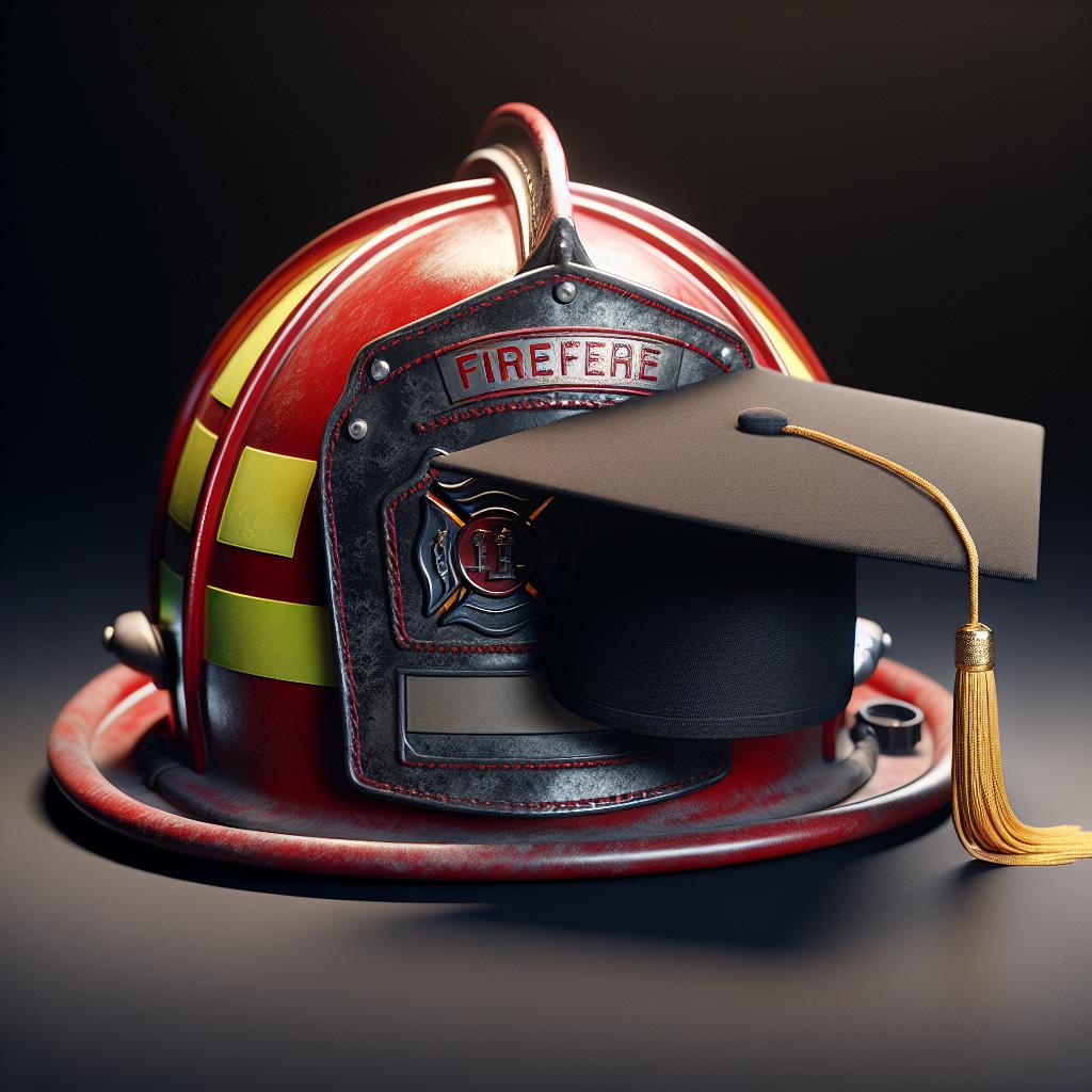 Fireman's helmet and graduation cap