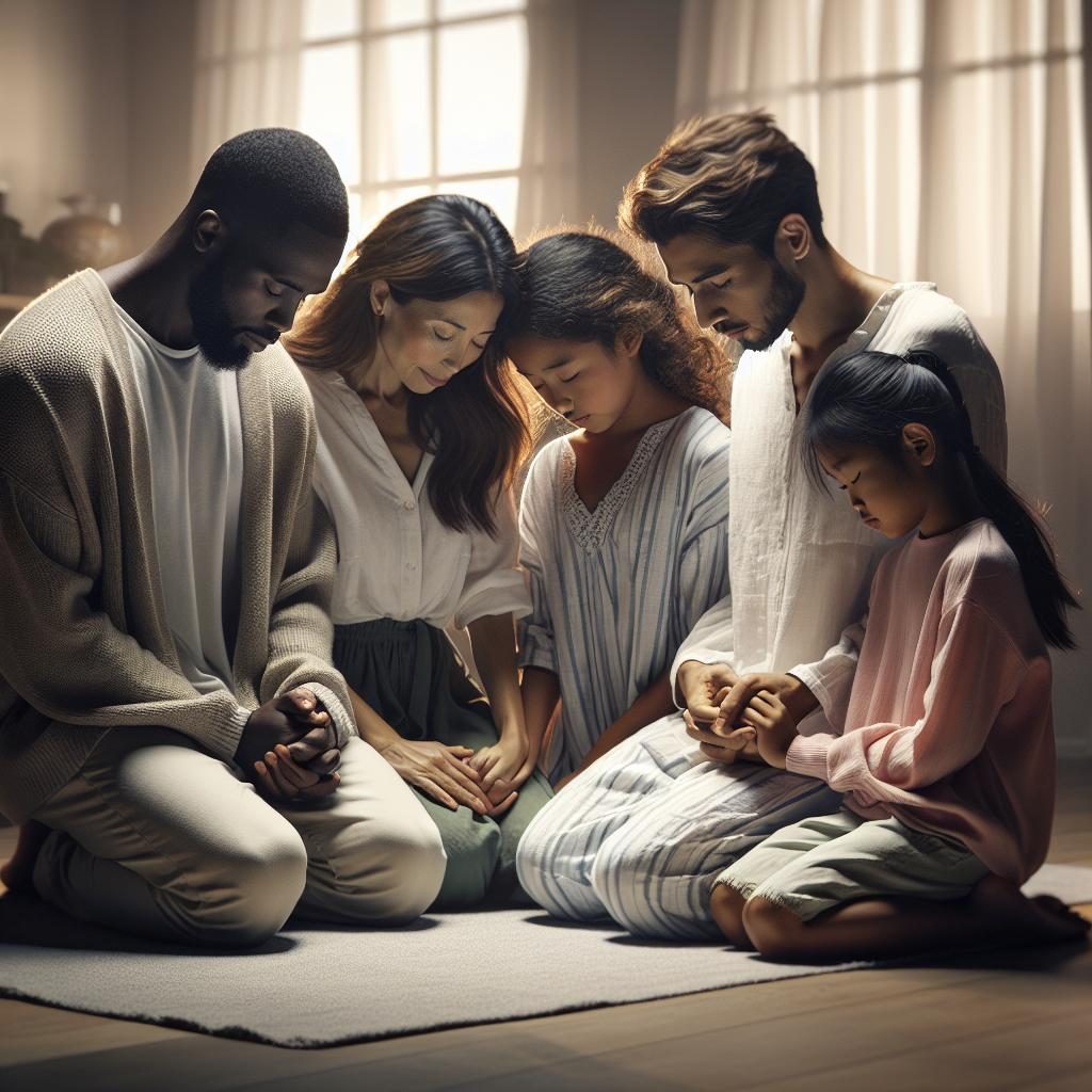 Family huddling in prayer