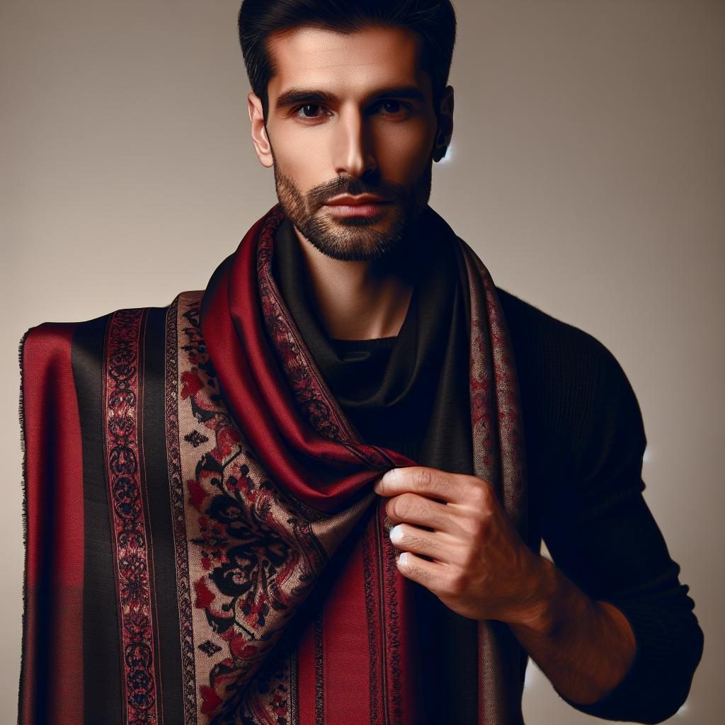 Man holding garnet and black scarf