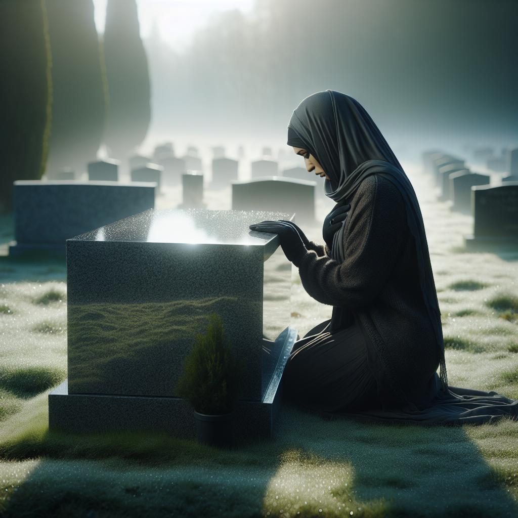 Woman mourning at gravestone