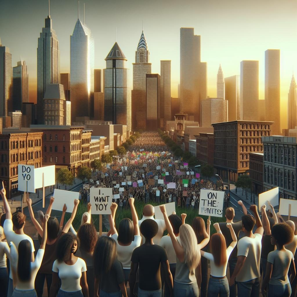 City skyline protest signs