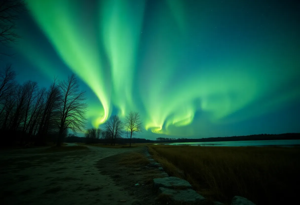 Aurora over dark landscape