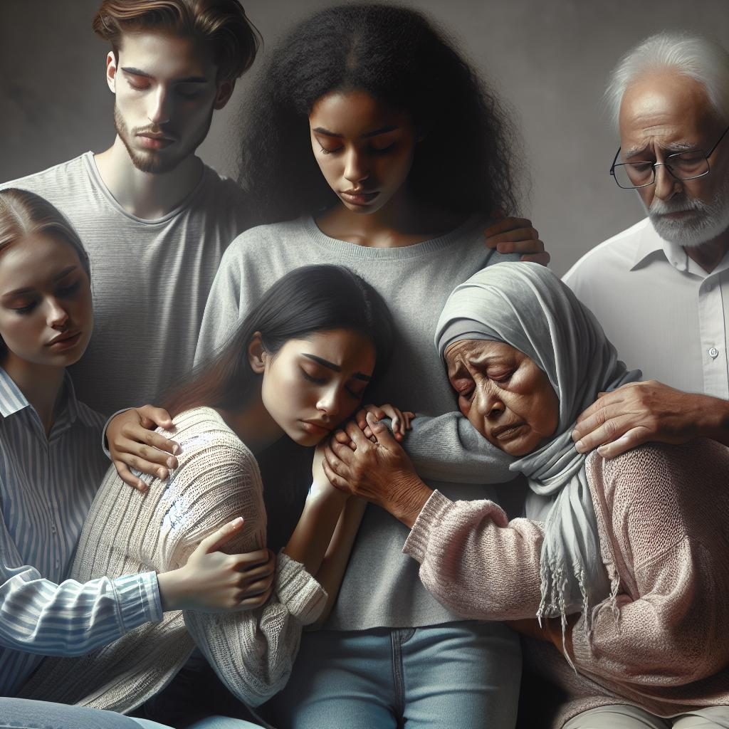 Grieving family embrace