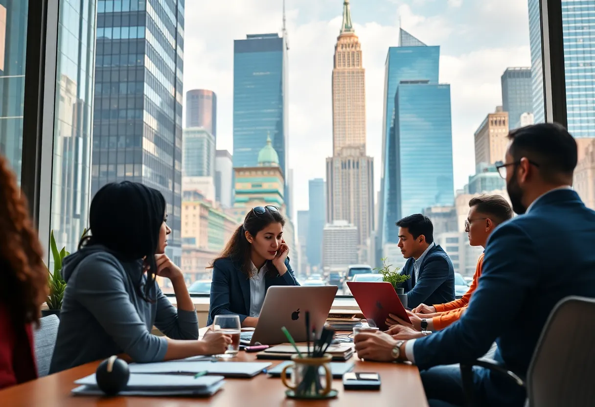 Professionals collaborating in a marketing team in a New York office.