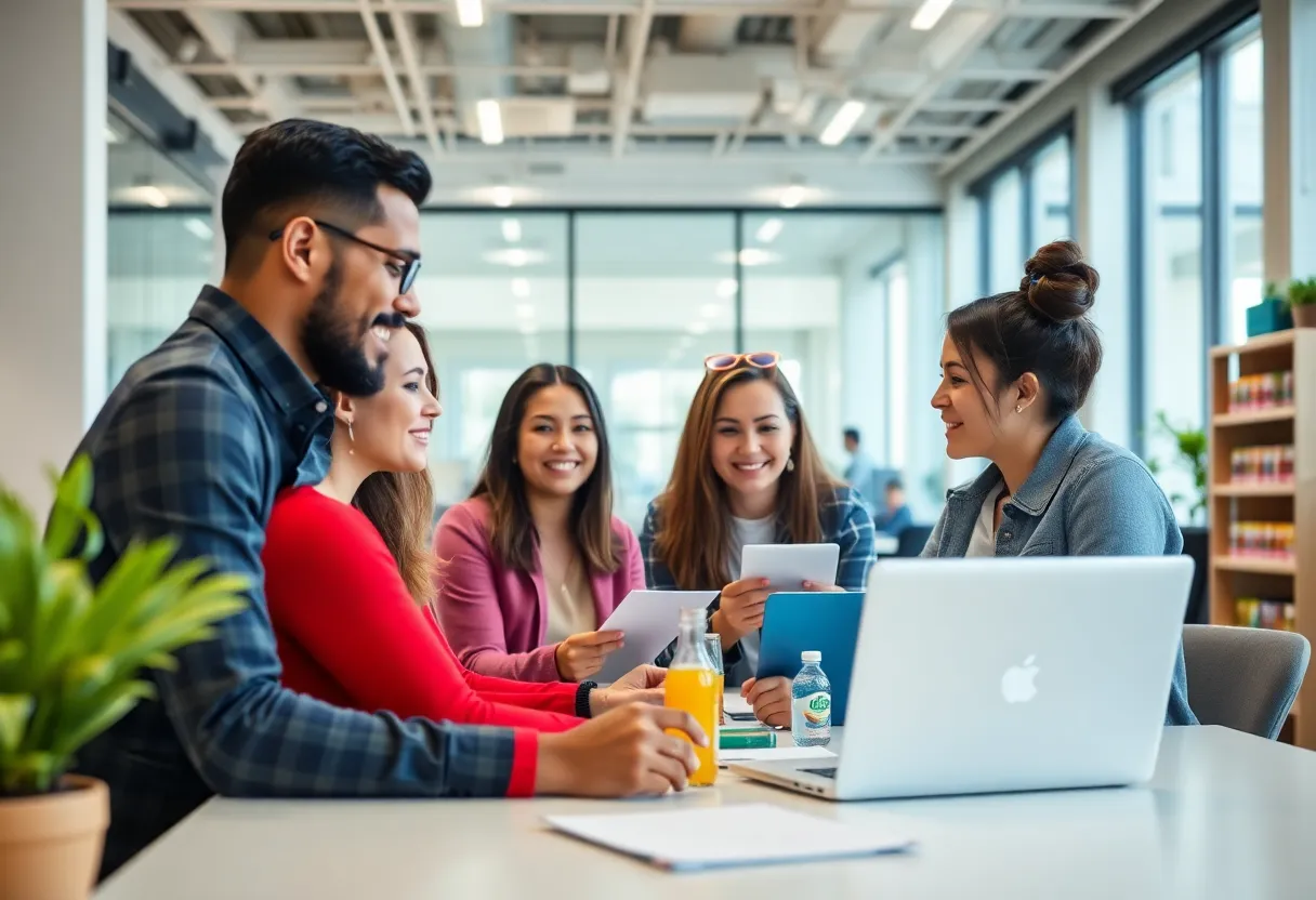 Marketing professionals collaborating in an office for consumer goods sector.