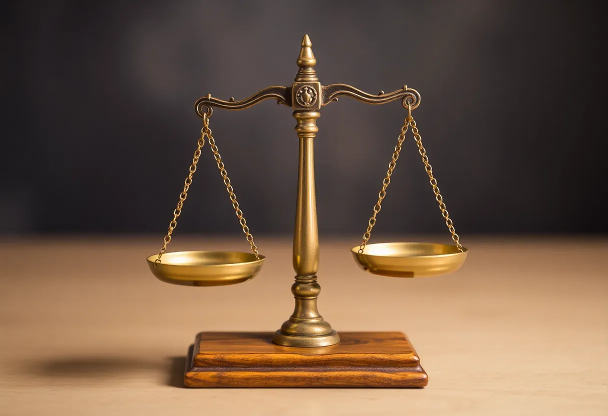 Symbolic scales of justice balancing clemency and punishment.