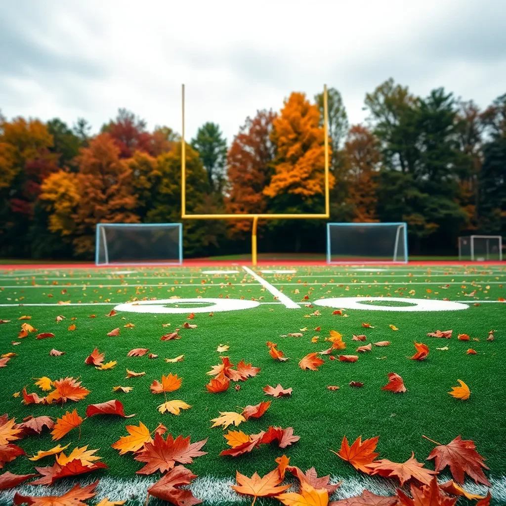 Football field adorned with colorful autumn leaves and goalposts.