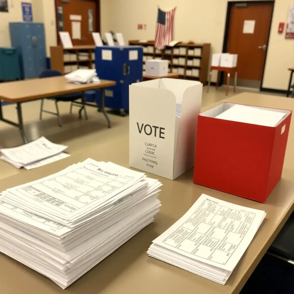 Voting materials and ballots at a school polling place.