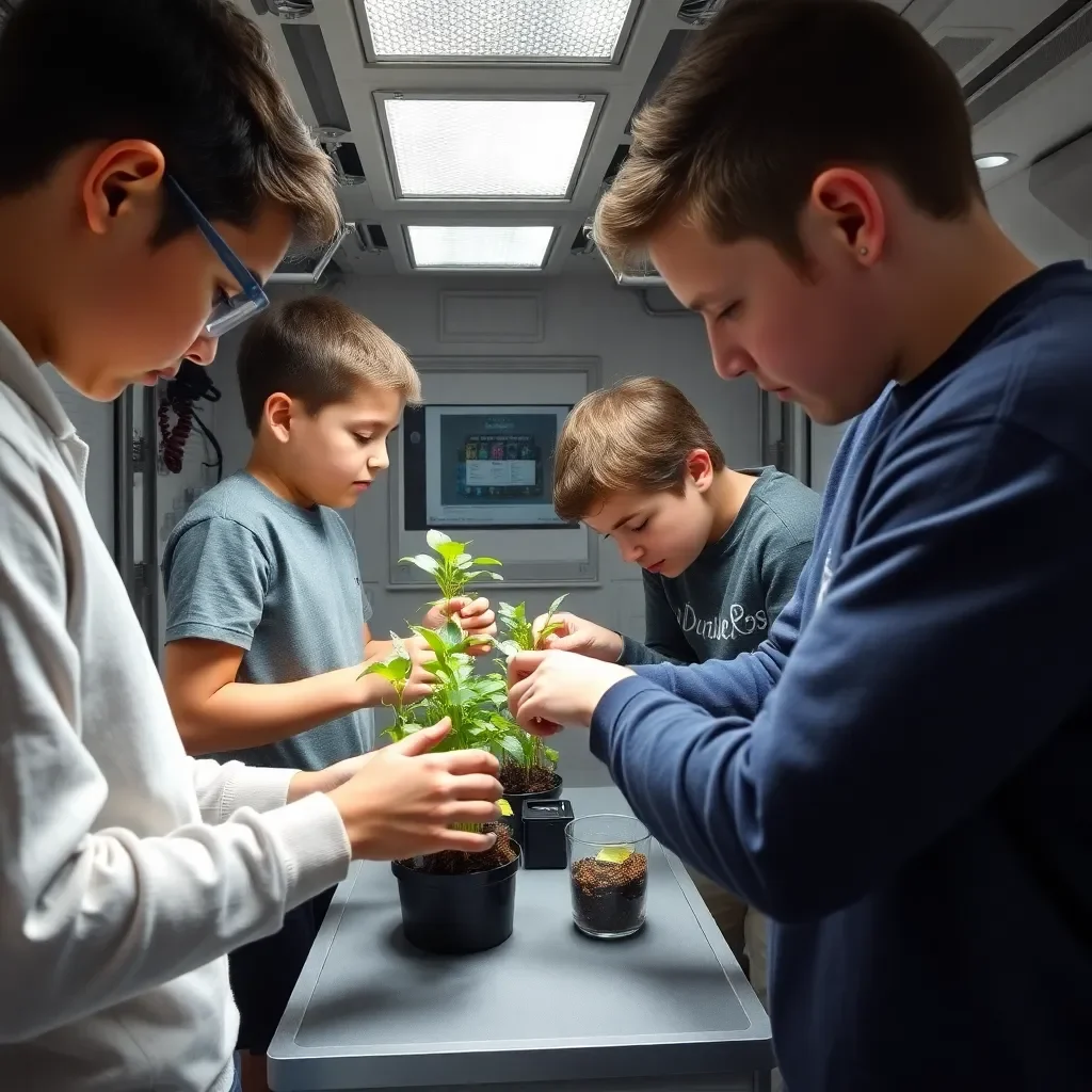 Students working on plant growth experiment in zero gravity.