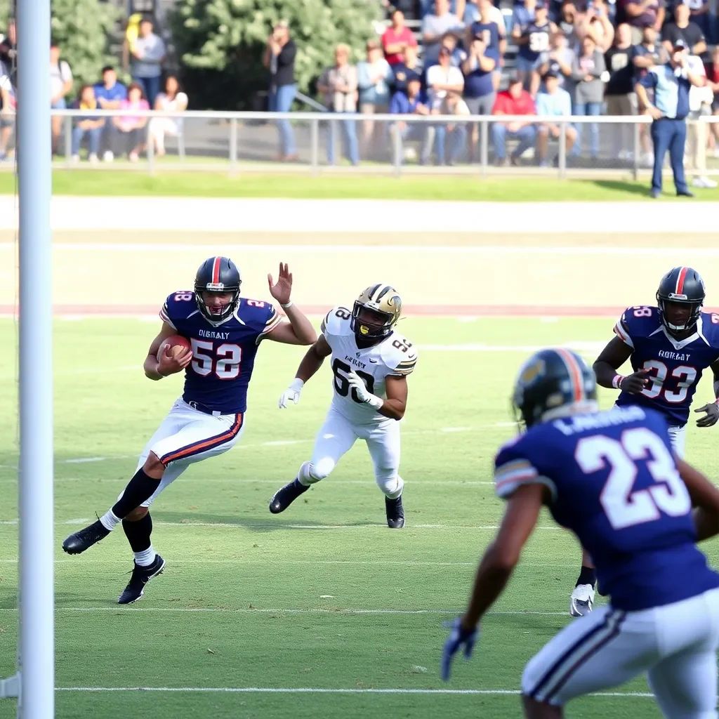 Football players in action during a high-scoring game.