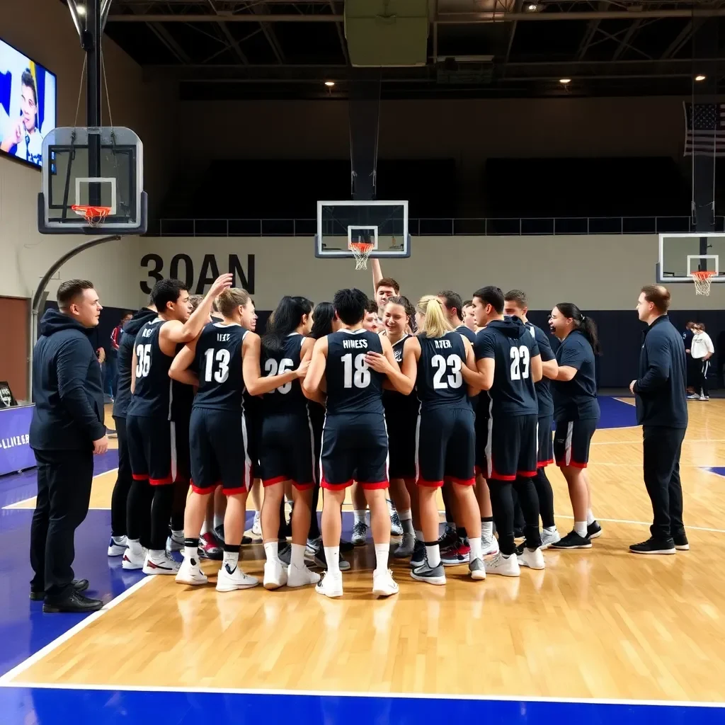 Celebratory team huddle on a basketball court.