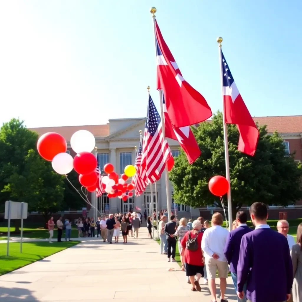 University campus celebration with flags and balloons flying.