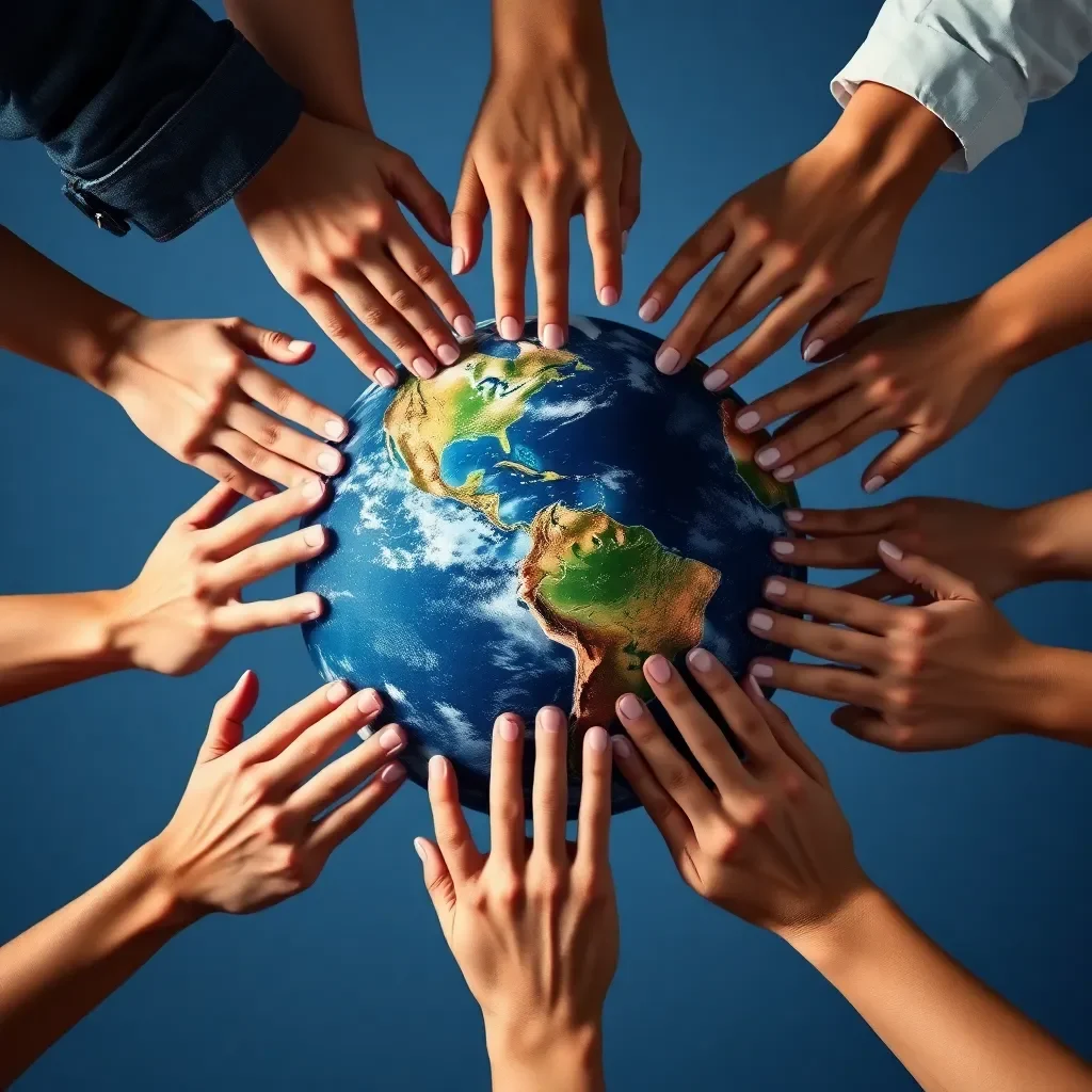 Diverse hands joining together around a globe.