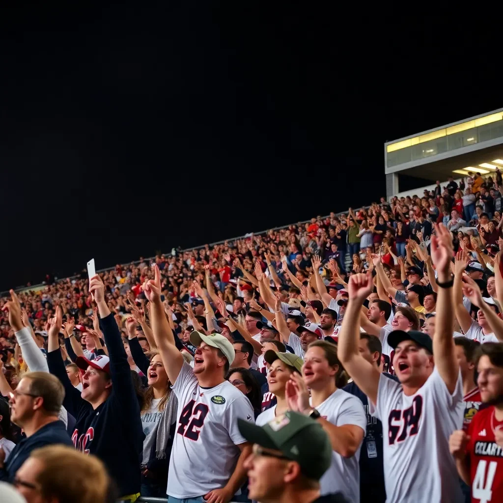 Energetic crowd cheering at a college football game.