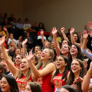 Cheerful crowd celebrating women's basketball game day.