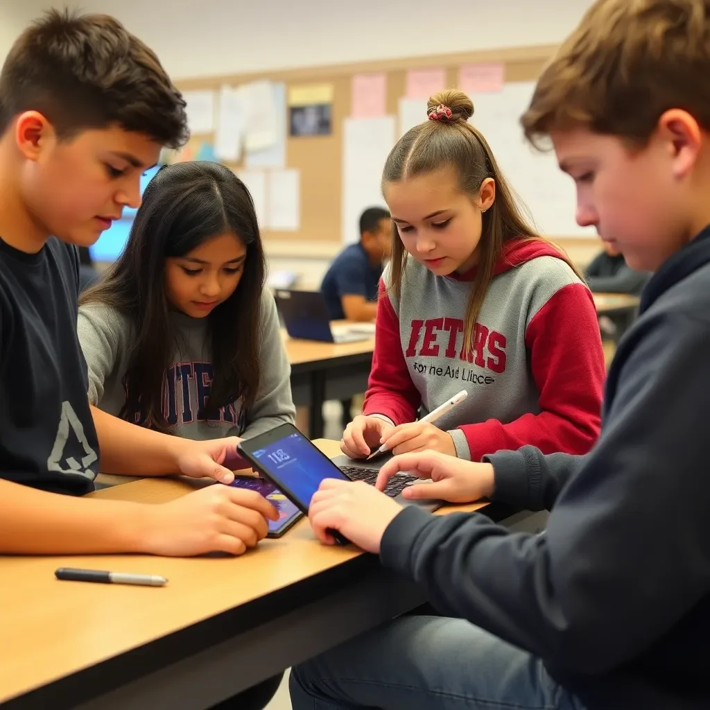 Students collaborating on technology projects in a classroom setting.