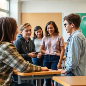 Diverse group of students collaborating in a classroom setting.