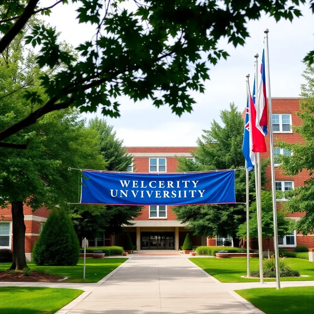 University campus with a welcoming banner and flags.