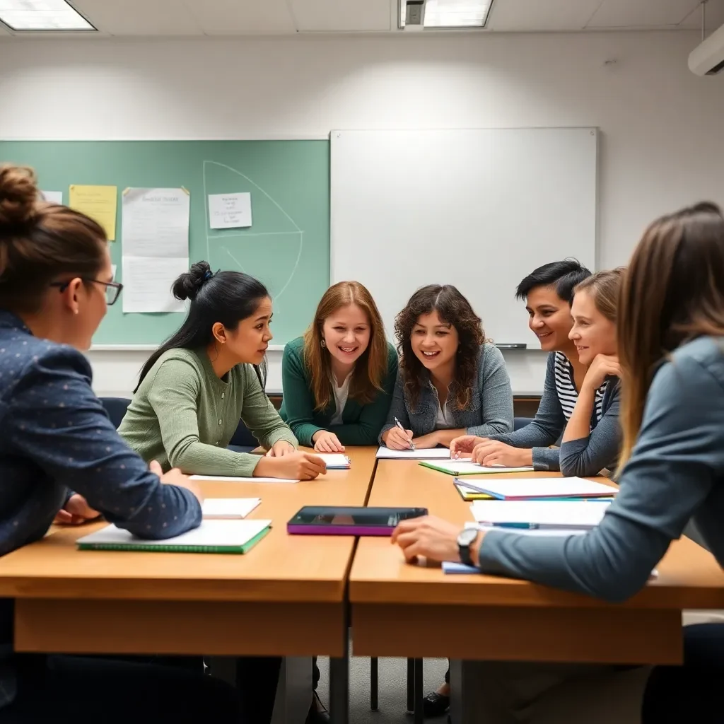 Classroom with diverse educators collaborating on innovative teaching methods.