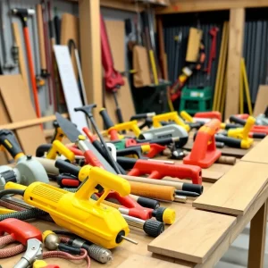 Diverse construction tools and equipment in a training environment.