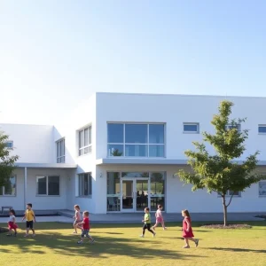 Bright, modern school building with children playing outside.