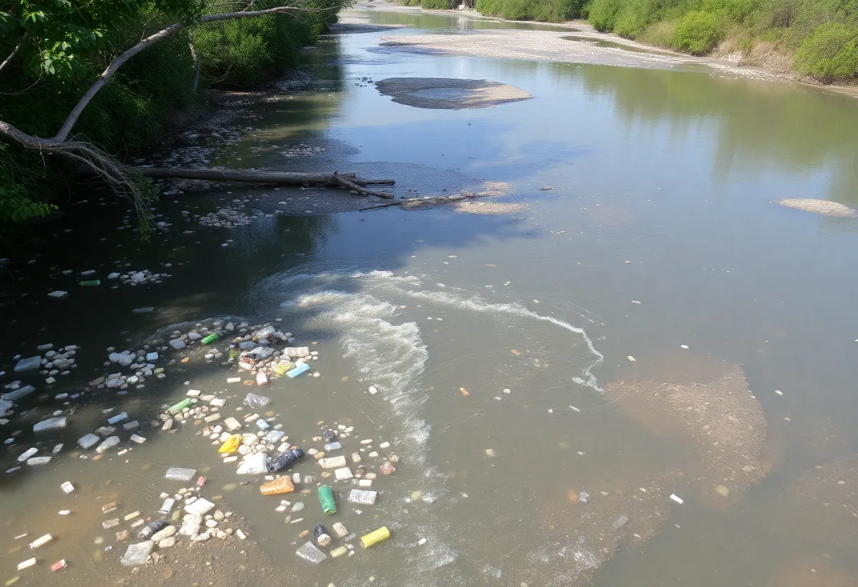 Polluted river with plastic waste and chemical runoff.