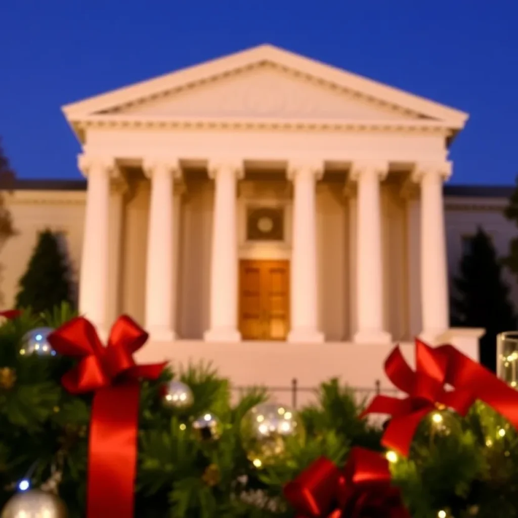 Festive decorations with a courthouse backdrop, symbolizing pause.