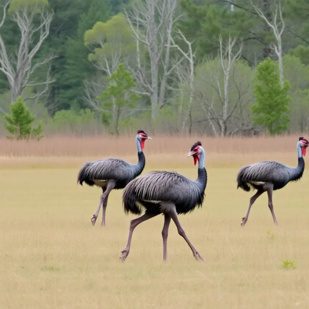 Emus wandering freely in a scenic South Carolina landscape.