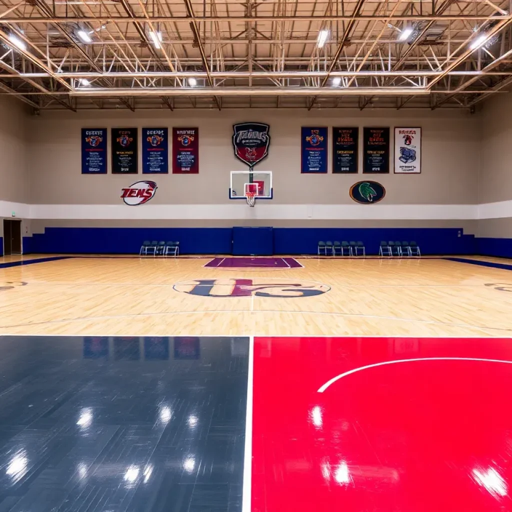 Basketball court with teams' colors and trophies on display.