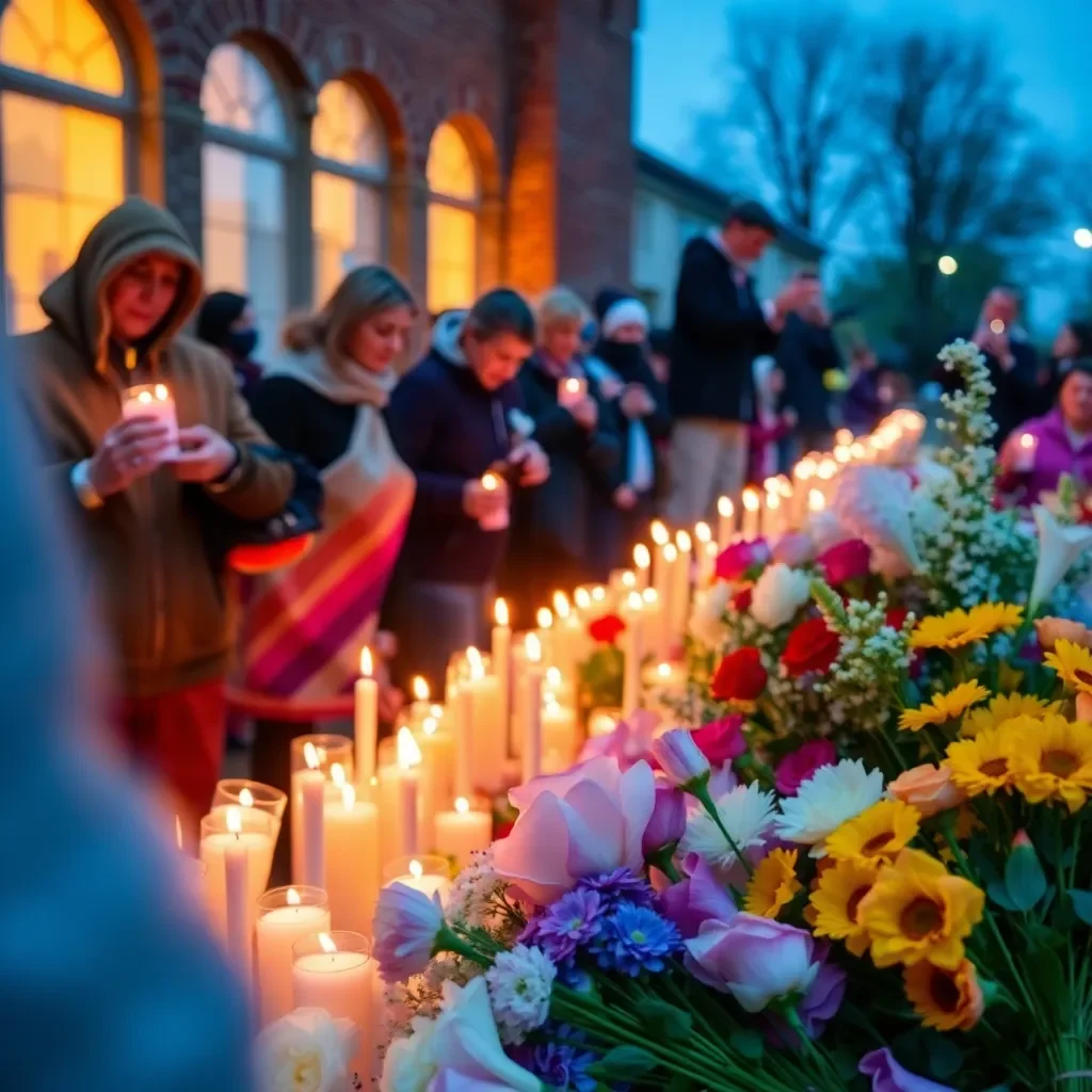 A community gathering with candles and flowers in memory.