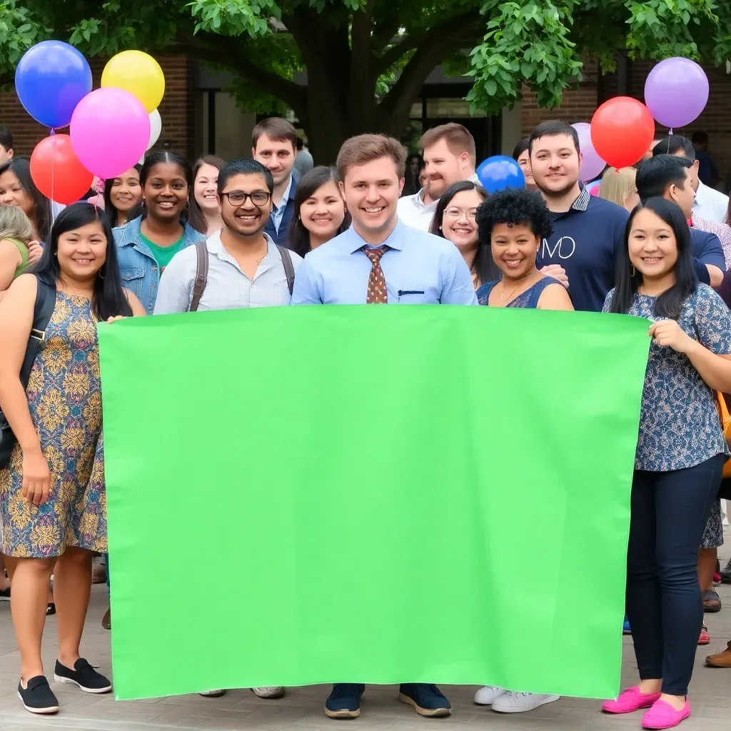 Celebratory campus gathering with diverse students and faculty.