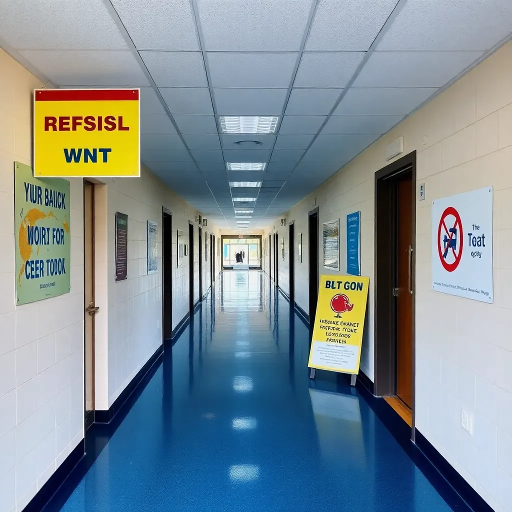 Empty school corridor with hurricane preparedness signs.