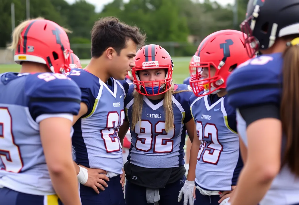 Team huddle with determined focus and football gear.